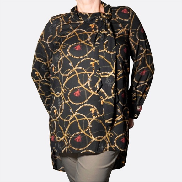 Zara Tops - Zara Black Equestrian Chain Tassel Print Tie-Neck Blouse 0X Large Old Money